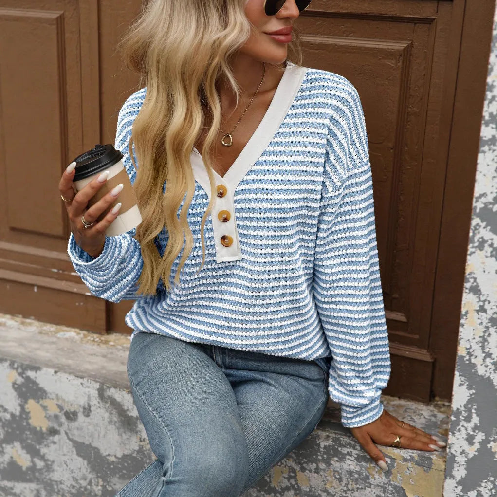 Women's V-neck patchwork pullover top in polyester fabric with loose fit