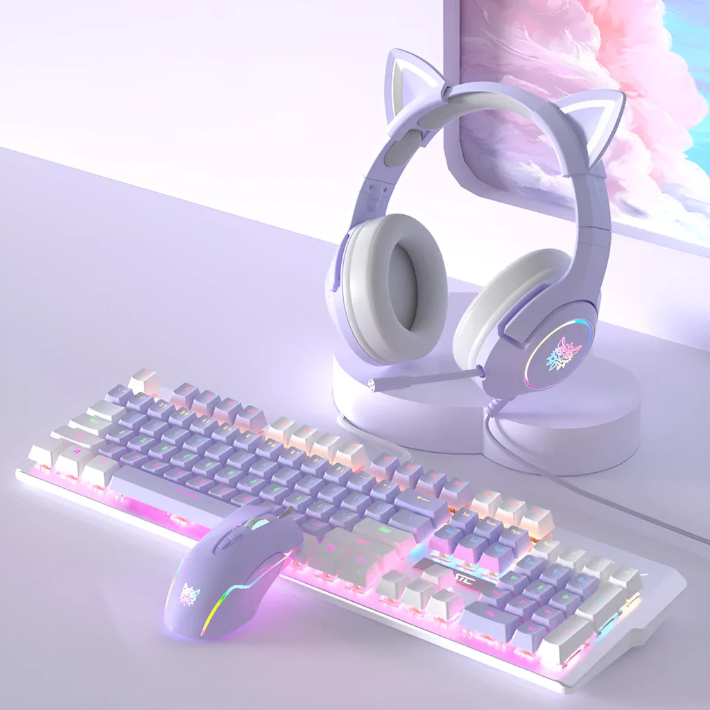 Purple and white mechanical keyboard and wired mouse set with backlit keys on a desk.
