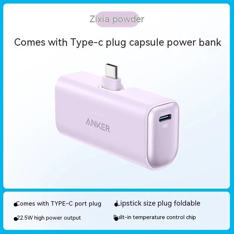 Capsule-shaped 5000mAh power bank in various colours showing Type-C port and foldable C head