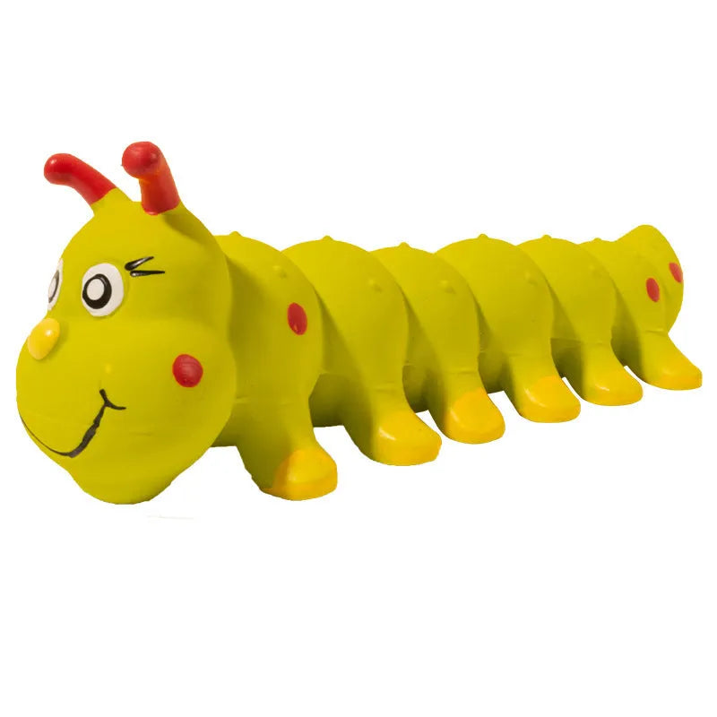 Yellow rubber caterpillar squeaky chew toy for small dogs, 25.5 cm long.