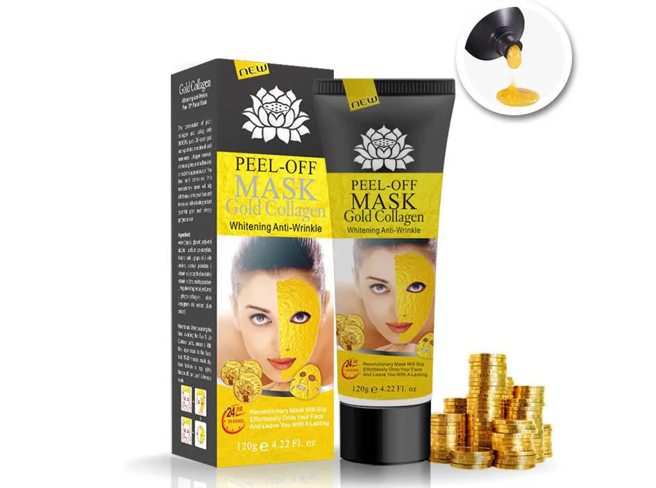 Gold Collagen Peel Off Mask 120g in jar with peel-off texture visible, unisex anti-aging mud mask