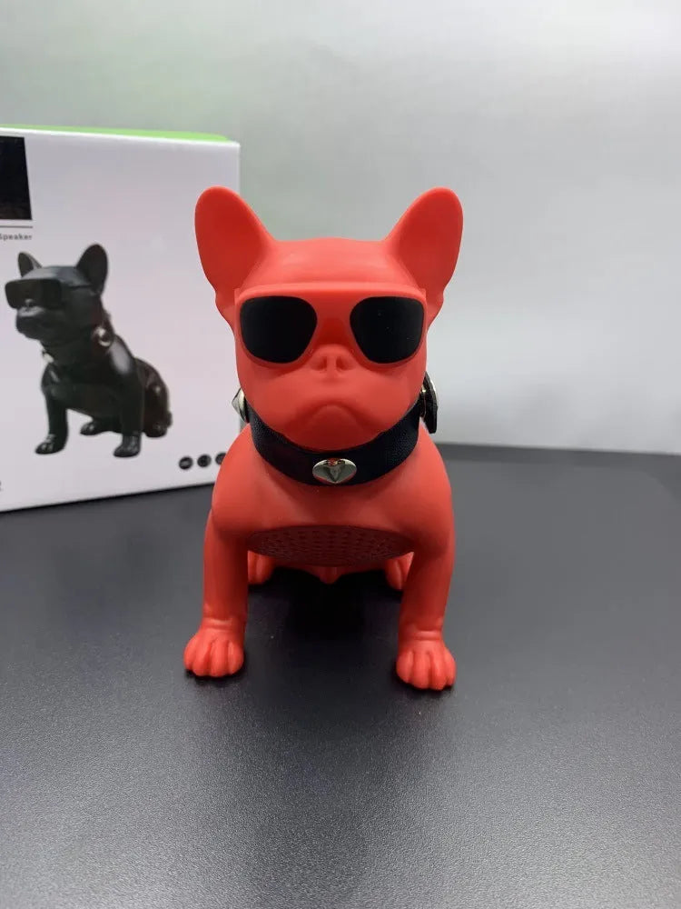 Mini bulldog-shaped Bluetooth speaker in black, red, and white colour options.