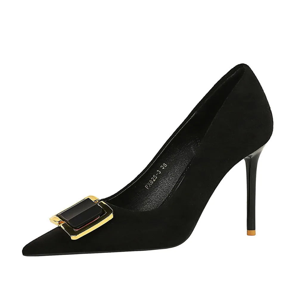 Black suede women's stiletto heels with 9cm heel, pointed toe and shallow mouth opening
