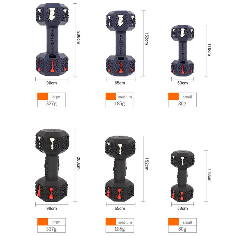 A black and blue durable rubber dumbbell-shaped dog chew toy on a white background.