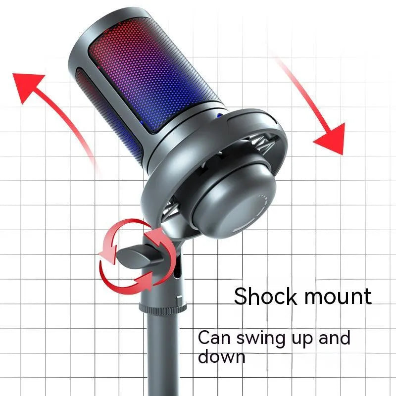 USB condenser microphone with RGB lighting in black, white, and pink colour options.