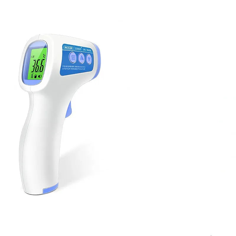 White RAK-FI03 infrared forehead thermometer held near a child's forehead showing non-contact measurement