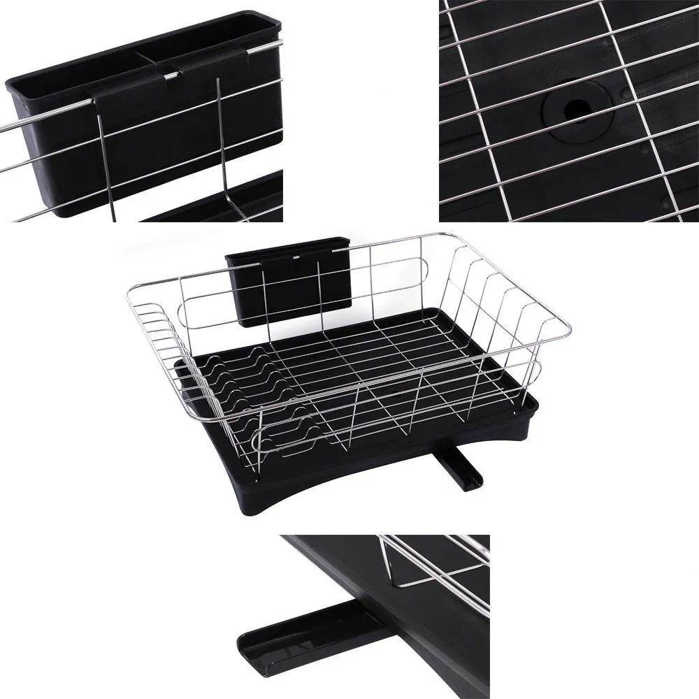 Stainless steel dish drying rack with cutlery holder and drain board on kitchen counter, black and white option, 42x28x15.5cm
