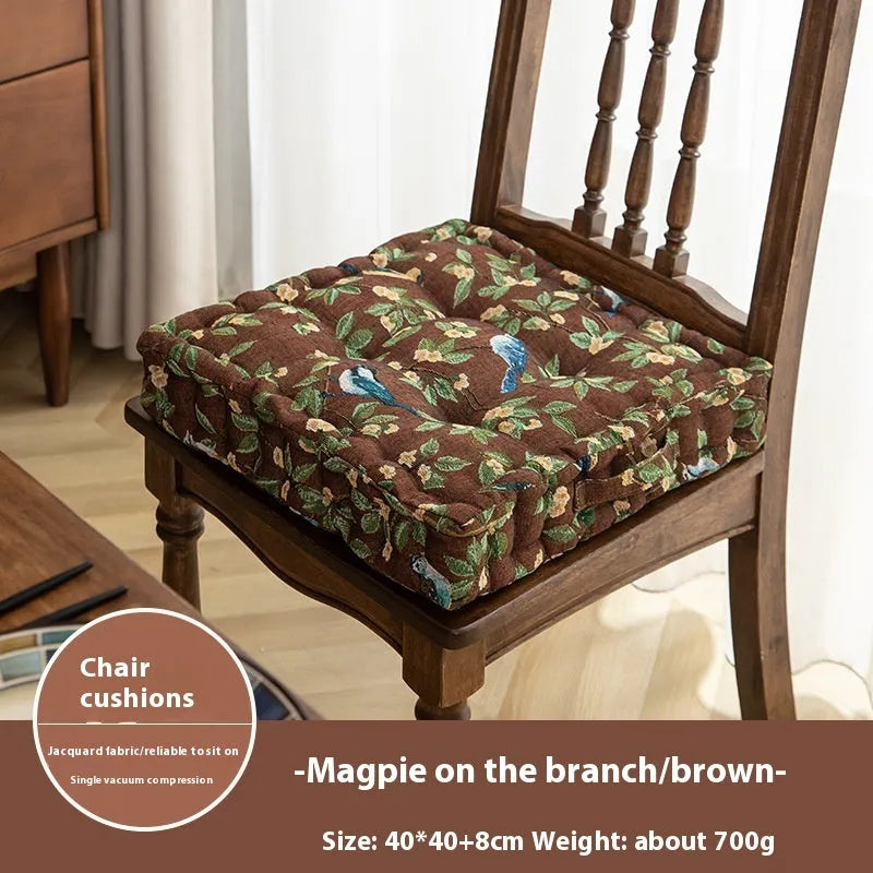 Square floral dining chair cushion for back and waist support, showing 40x40x8cm dimensions.