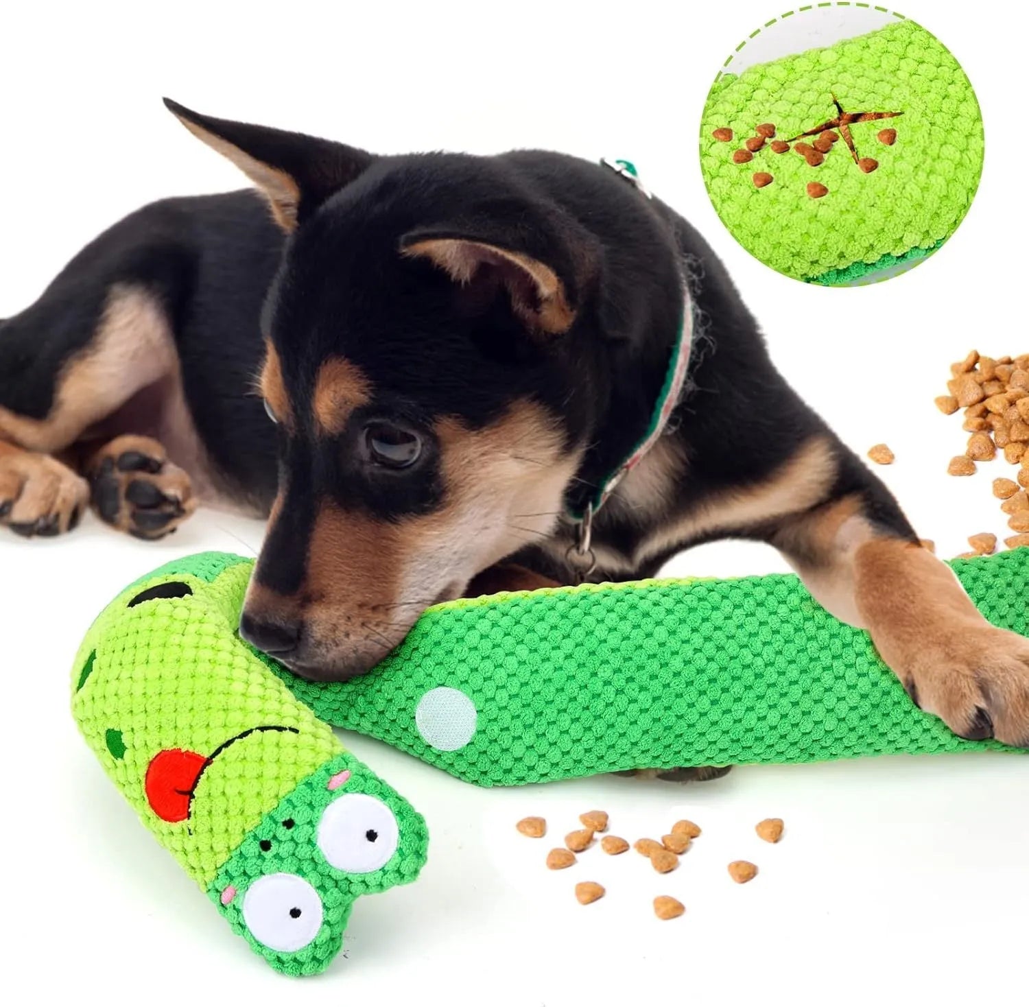 Squeak dog puzzle toy shaped like snail with velvet material and hidden food holes