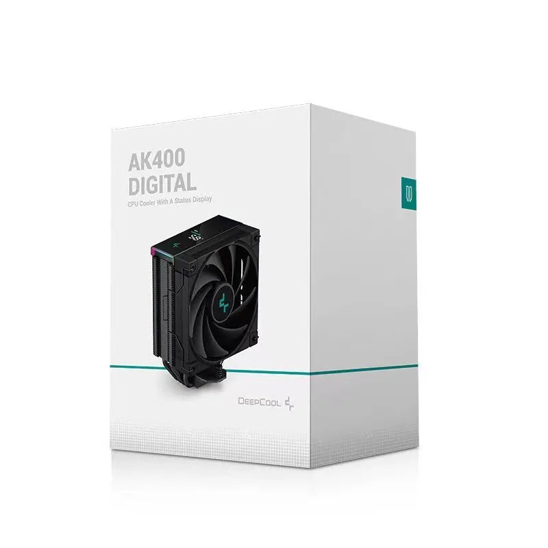 Black and white tower CPU air cooler with heat sink fins and digital display for PC computer case.