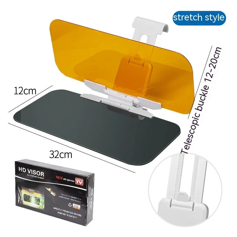 Dual-function car sun visor with anti-high beam goggles and telescopic installation system