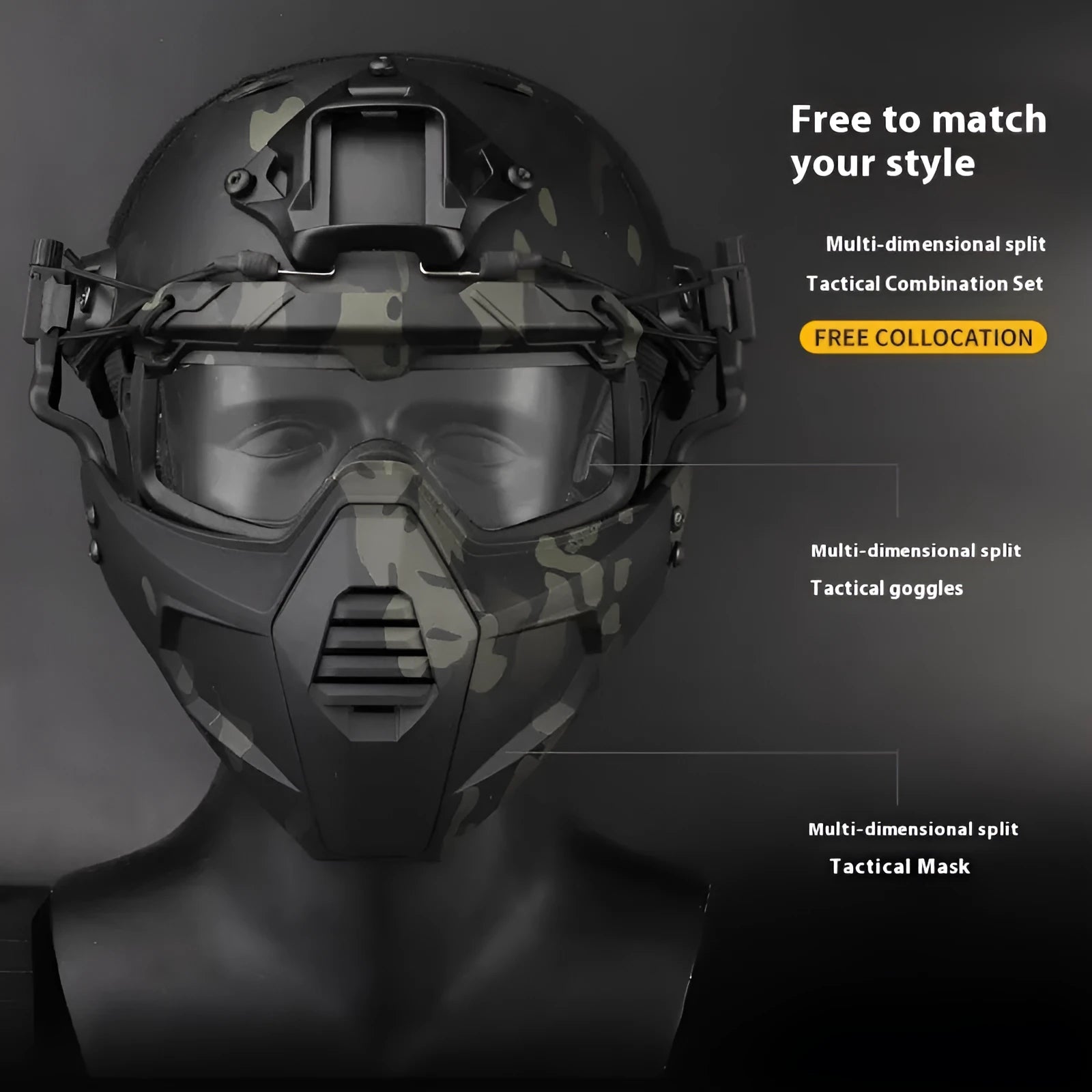 Multi-dimensional split tactical mask and goggles set in black – free size – TPE+ABS+PC construction