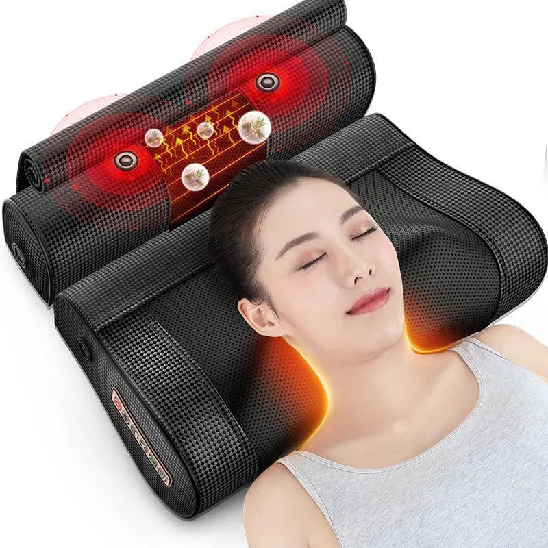 Black cervical spine massager pillow with 8 massage heads, infrared therapy, and AC power for home sleep neck relief