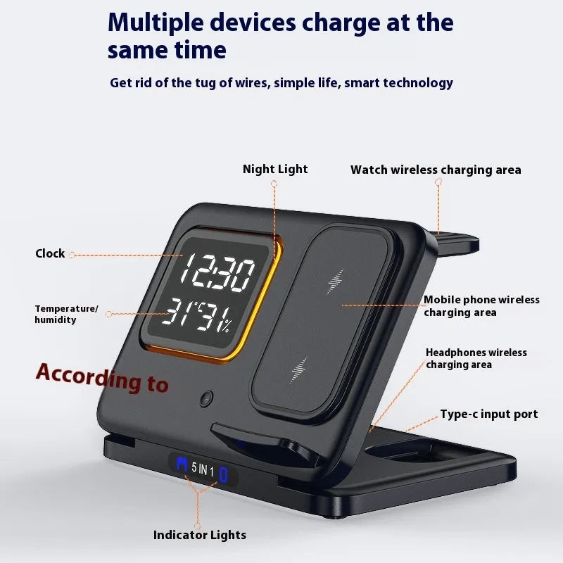 Black and white wireless charging station with LED digital display showing time temperature humidity