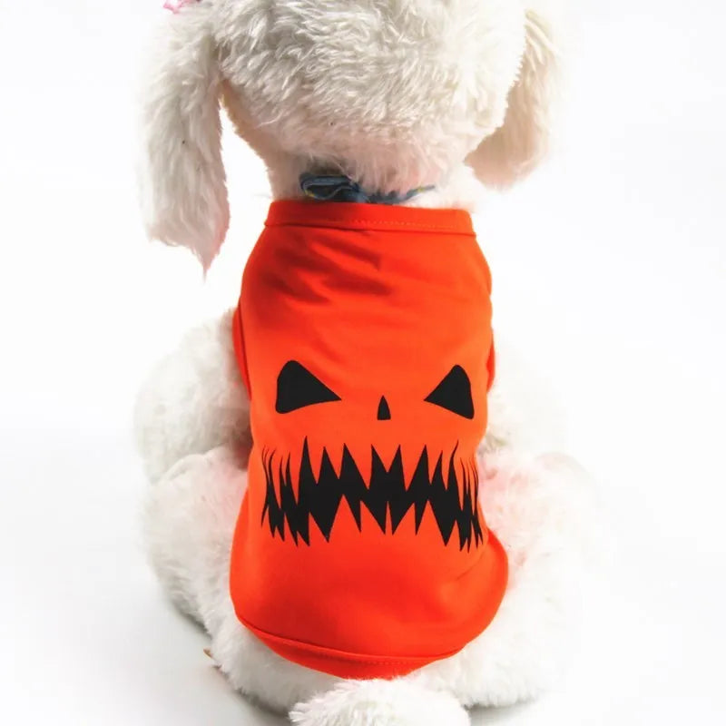 Orange Halloween pet pumpkin clothes shirt with Smiley face, suitable for small dogs and cats, made from breathable cloth fabric.