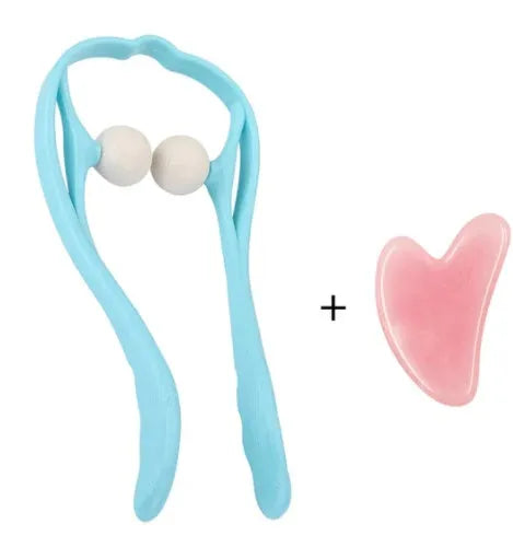 Blue plastic neck massager with hand roller and bracket for pressure point therapy on neck and shoulders