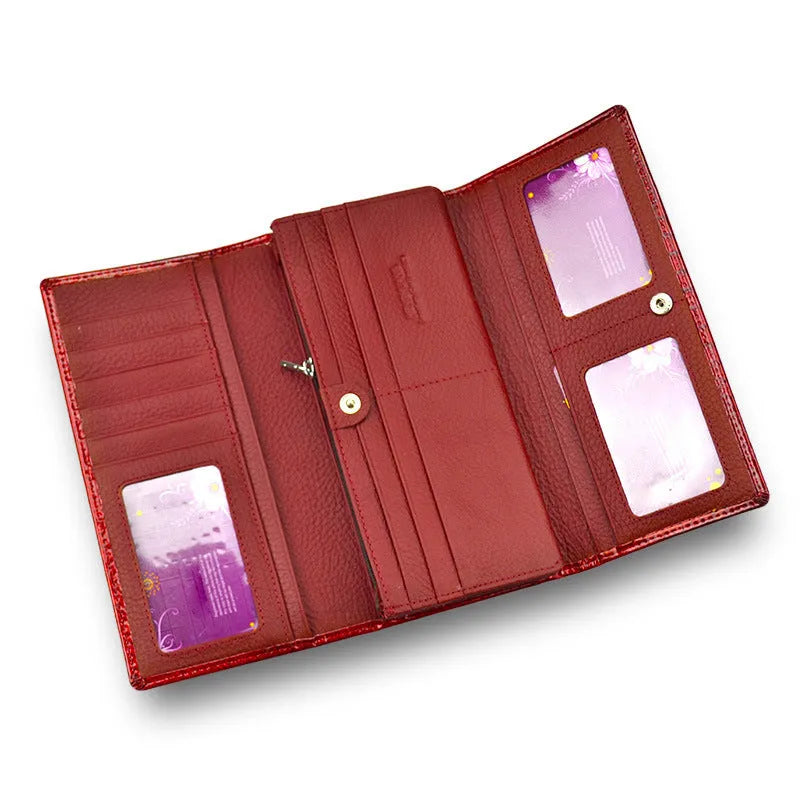 Women's patent leather coin purse with crocodile pattern in red, black, and wine red colours