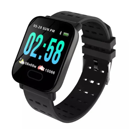 A6 smart bracelet with colour screen and silicone strap showing heart rate monitoring display