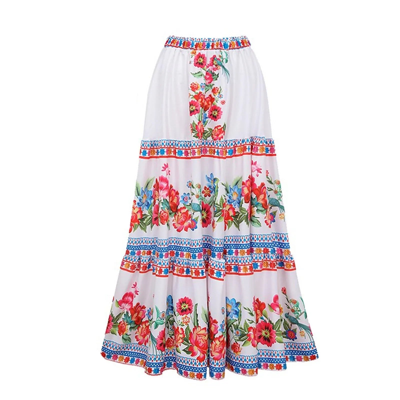 Women's printed polyester one-piece swimsuit on a hanger.