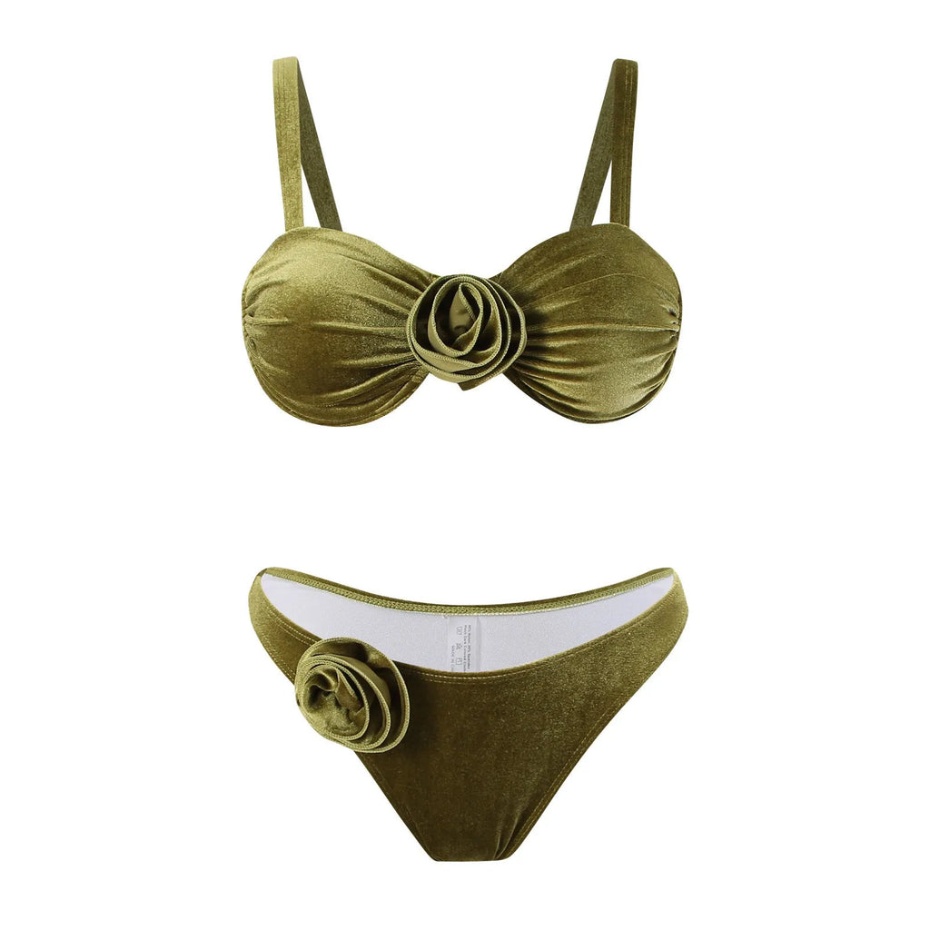 Women's green 3D flower pattern swimsuit briefs with high elasticity