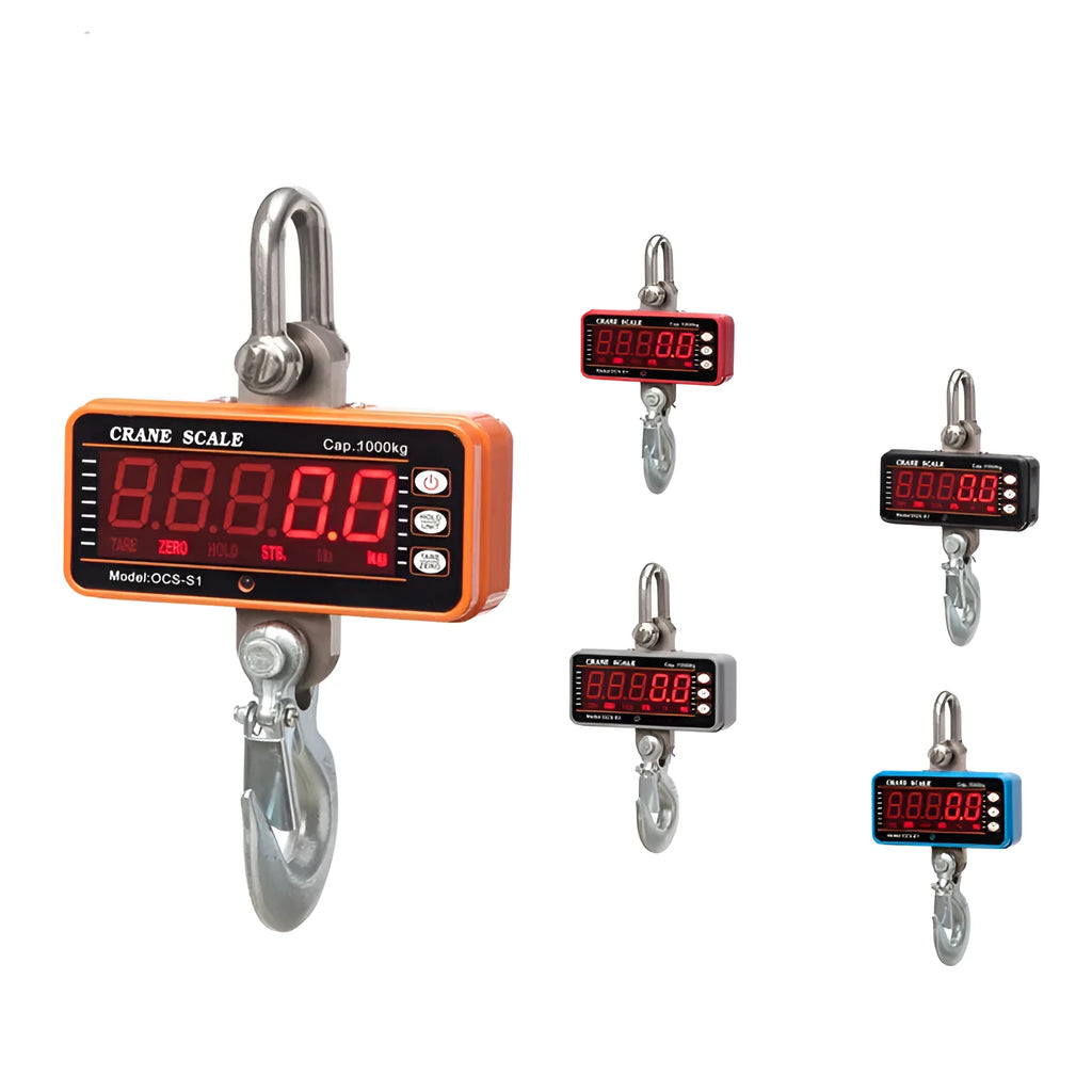 Orange electronic crane scale with digital display and hook for 500kg industrial weighing