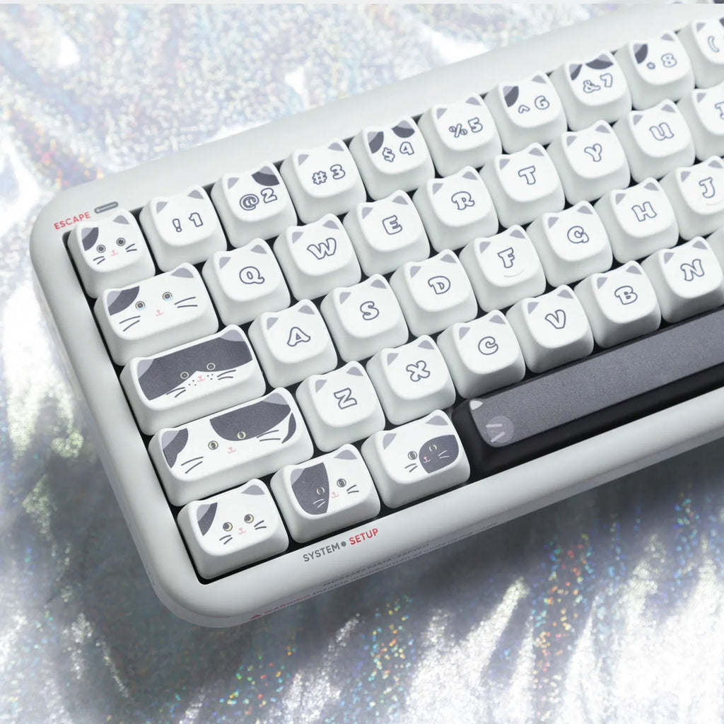 Full set of black and white kitten sublimation keycaps on a mechanical keyboard, PBT material, MAO profile