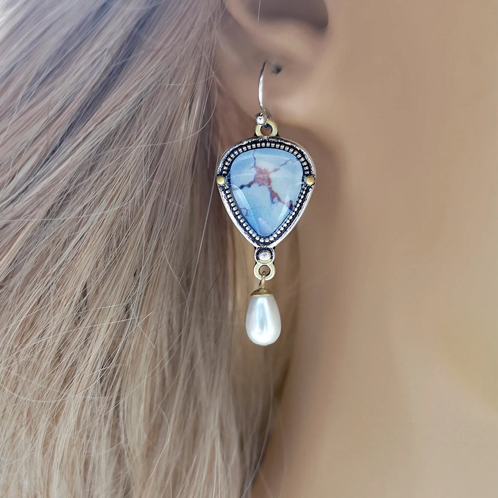 Retro blue Bohemian drop earrings with synthetic opal and pearl accents, 49mm length