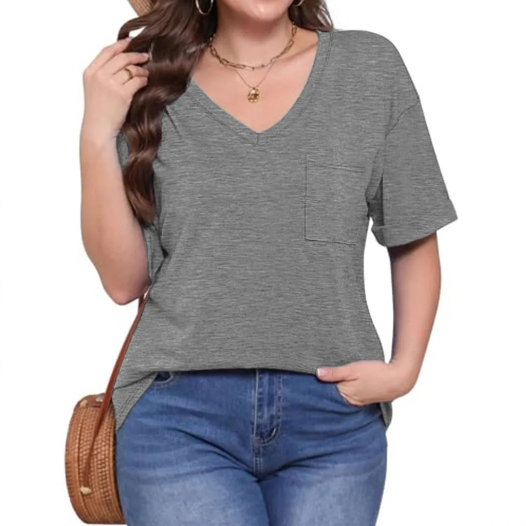 Grey loose V-neck t-shirt with chest pocket showing front view