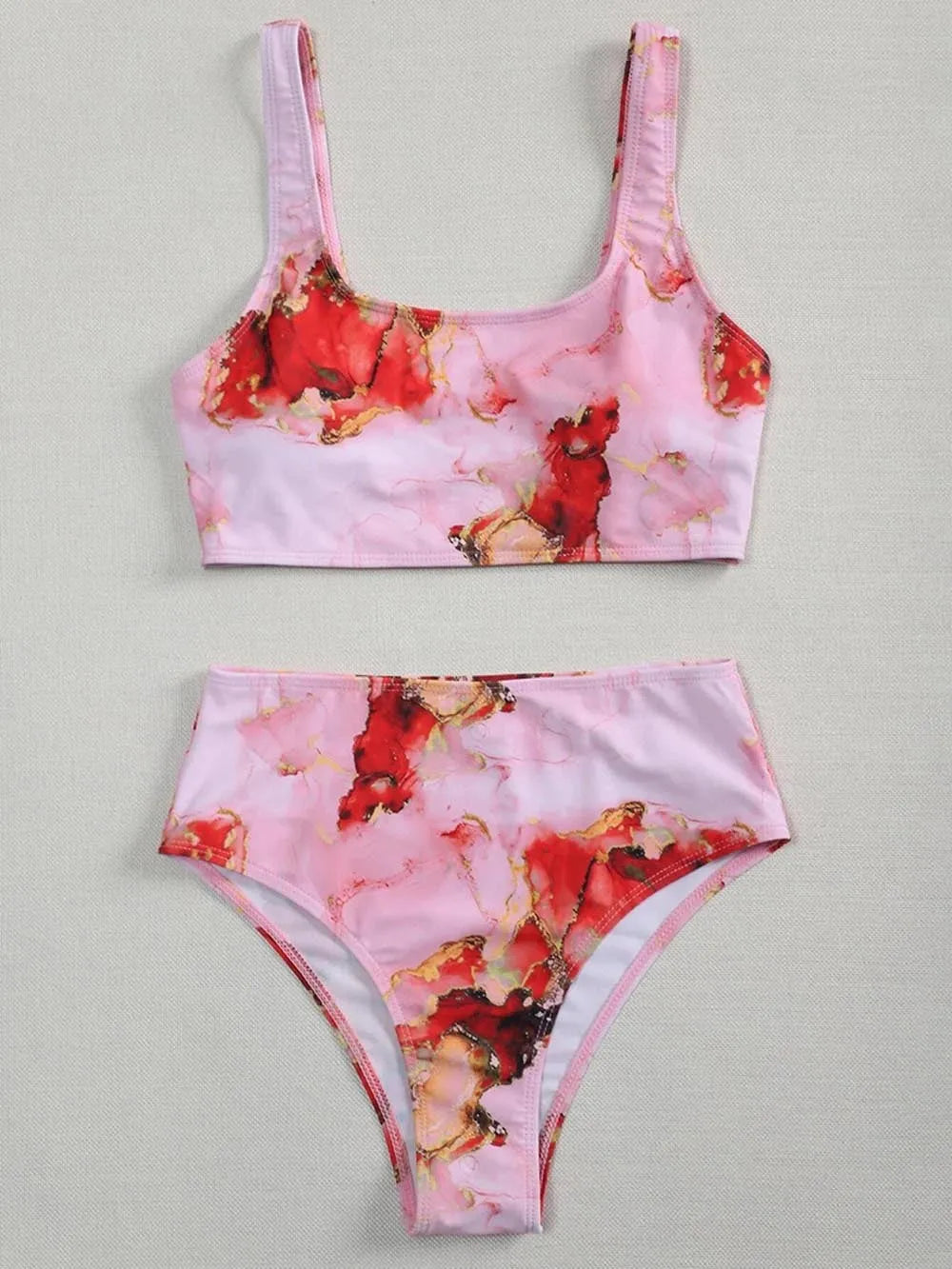 Women's high waist bikini swimsuit set with marble tie-dye print and U-neck design.