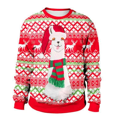 Ugly Christmas sweater with Santa and Elf print, long sleeves, round neck, loose fit for women and men