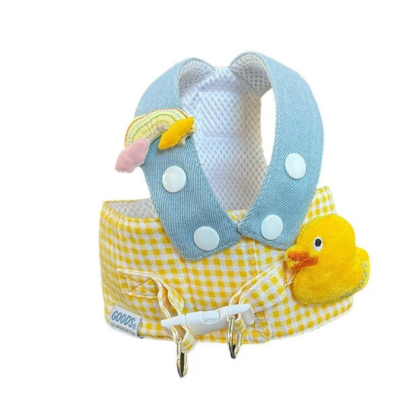 Three-piece pet clothing set with cute hat, dog harness, and wire rope leash in spring summer design