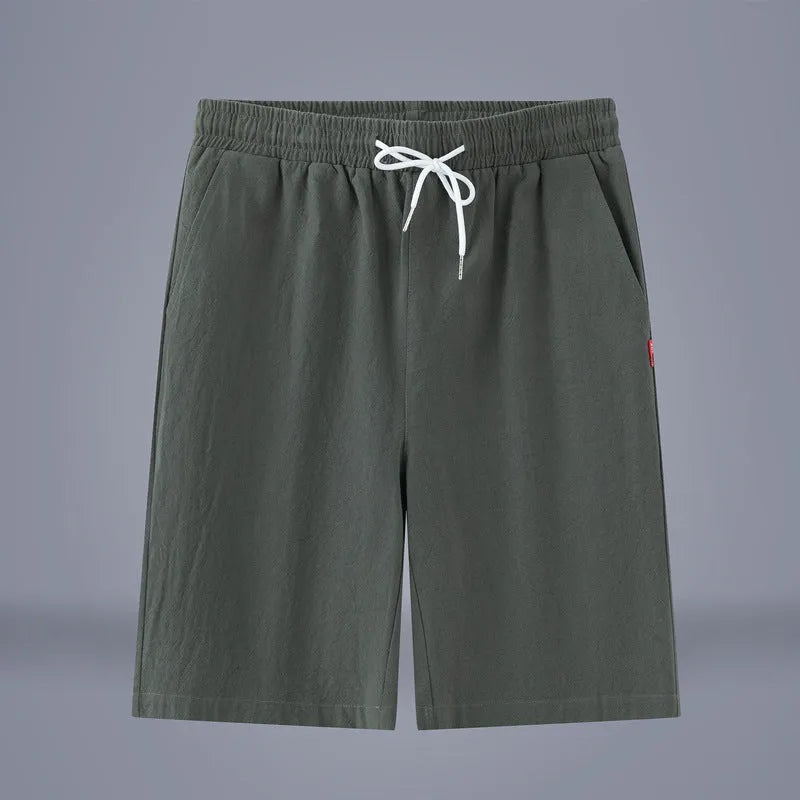 Chinese-style solid colour cropped trousers in cotton linen fabric with drawstring mid-waist