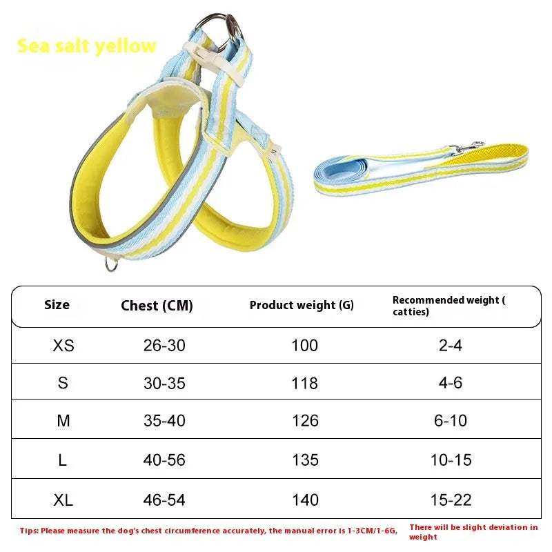 Lightweight polyester dog harness and hand-holding traction rope in sea salt yellow colour on a small dog.