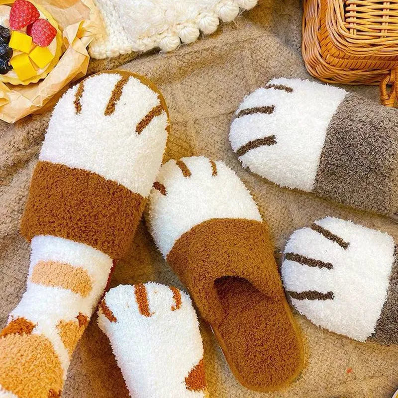Paw slippers autumn winter home shoes women kawaii furry slides indoor floor bedroom couple slipper warm flats