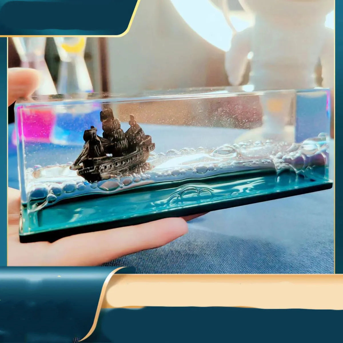 Creative cruise ship decoration fluid drift bottle with floating astronaut desktop ornament in black pearl pirate ship style