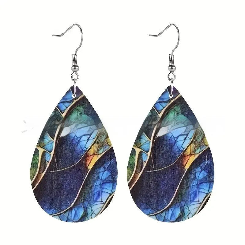 Printed acrylic flat branch knot earrings in drop shape design shown front view
