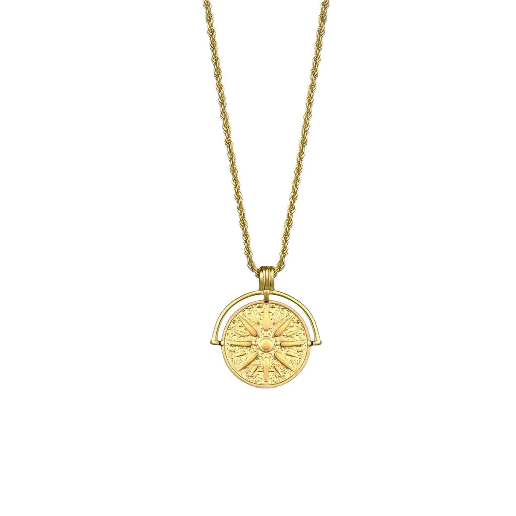 Gold stainless steel sunflower pendant necklace with geometric embossed design on hemp chain