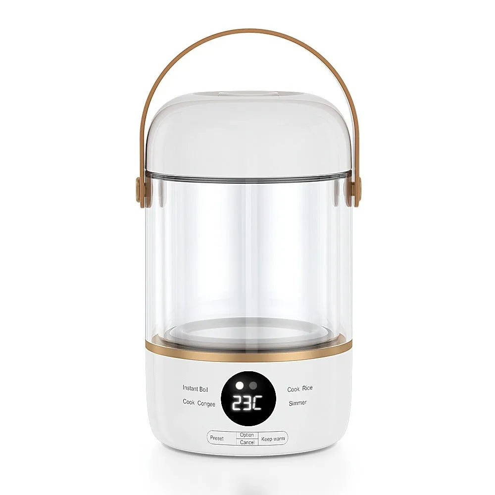 Smart electric stew cooker with transparent glass inner pot and fibre glass body, showing power cord and compact size