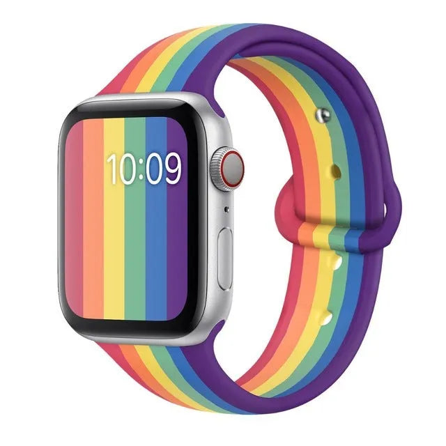 Silicone sports wristband with adjustable single buckle strap in black, rainbow or white colours