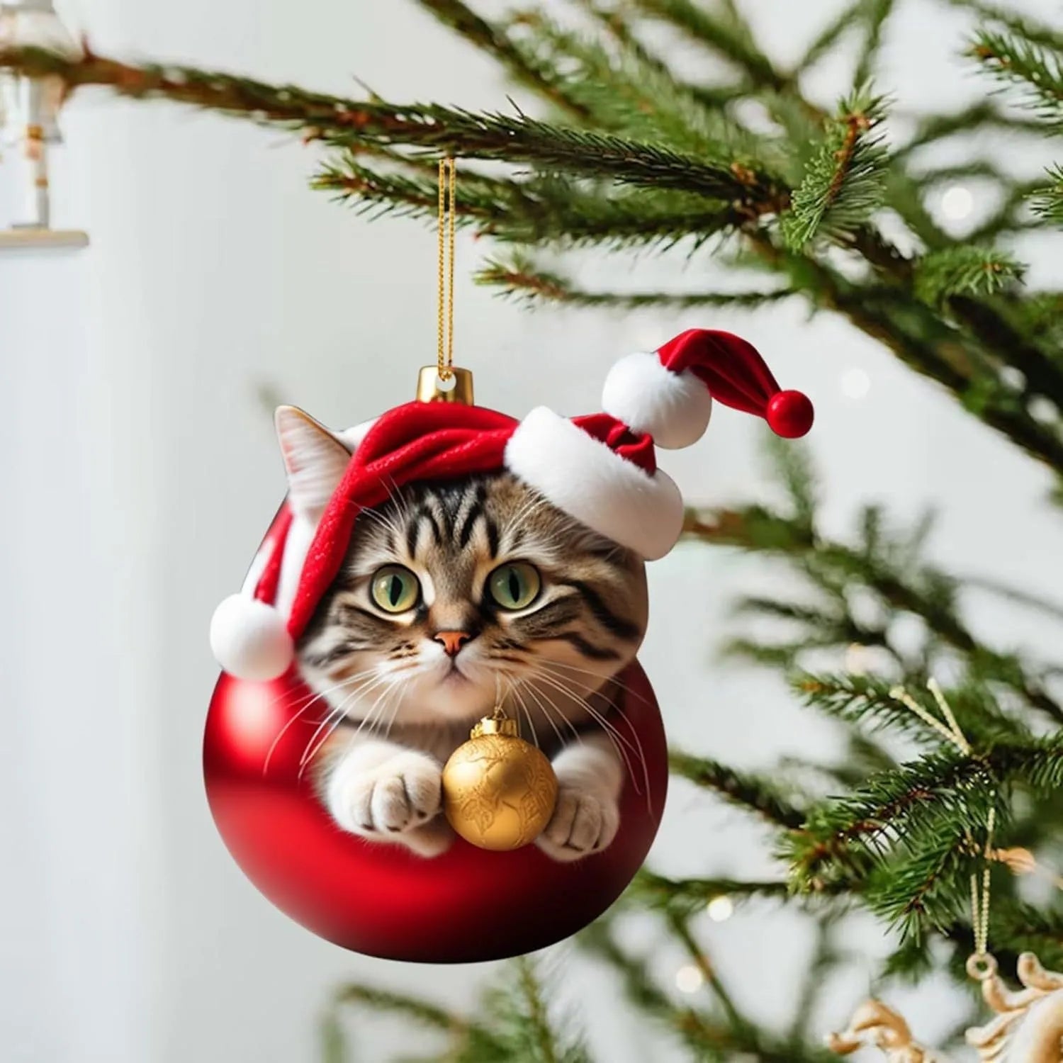 Cartoon-style acrylic kitty Christmas ornament designed for hanging inside a car.