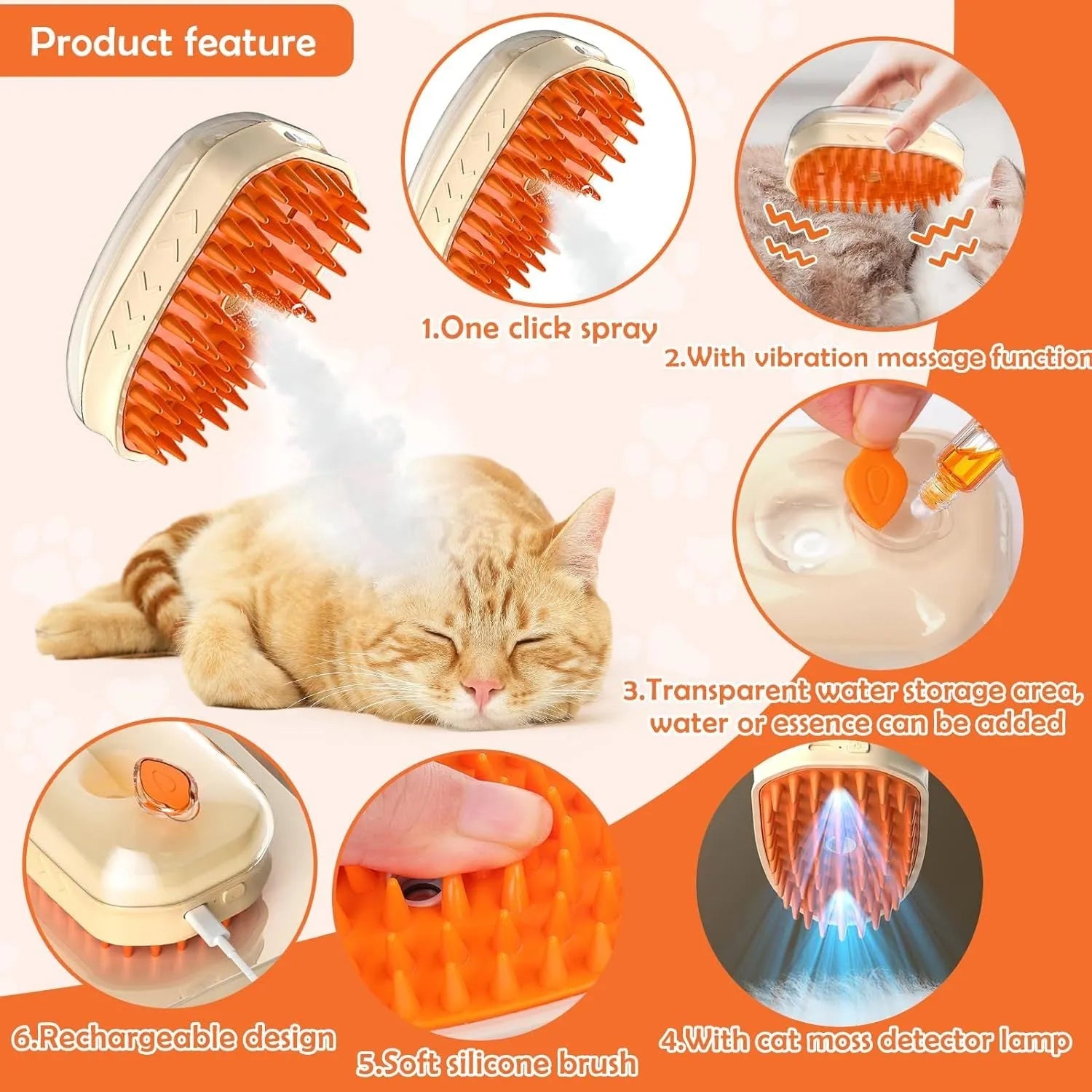 Yellow cat steam brush with 4-in-1 functions including vibration massage and ringworm detector