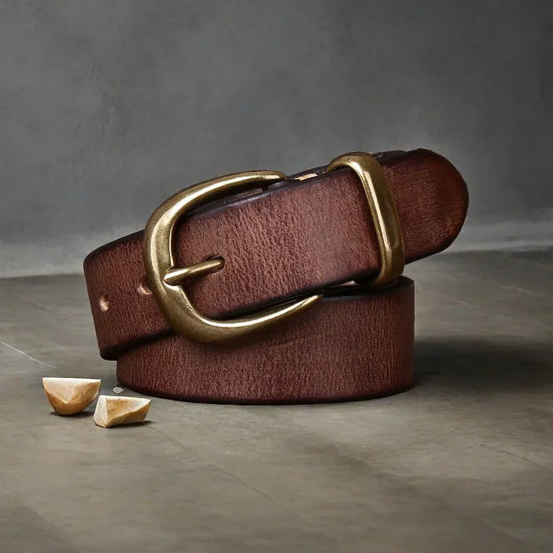 Men's leather belt with copper buckle in black, brown and khaki colours