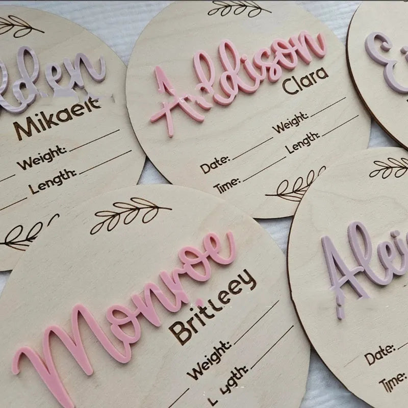 15cm square wooden newborn name label with birth information displayed on plywood plaque