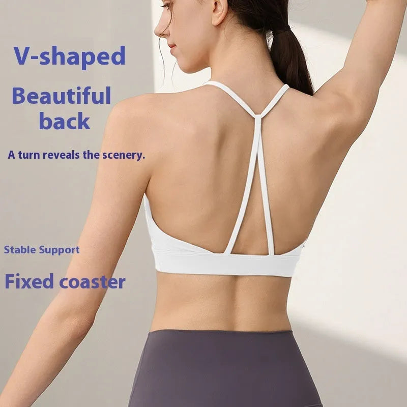 Women's black shockproof sports vest with fixed double-shoulder straps for running and workouts