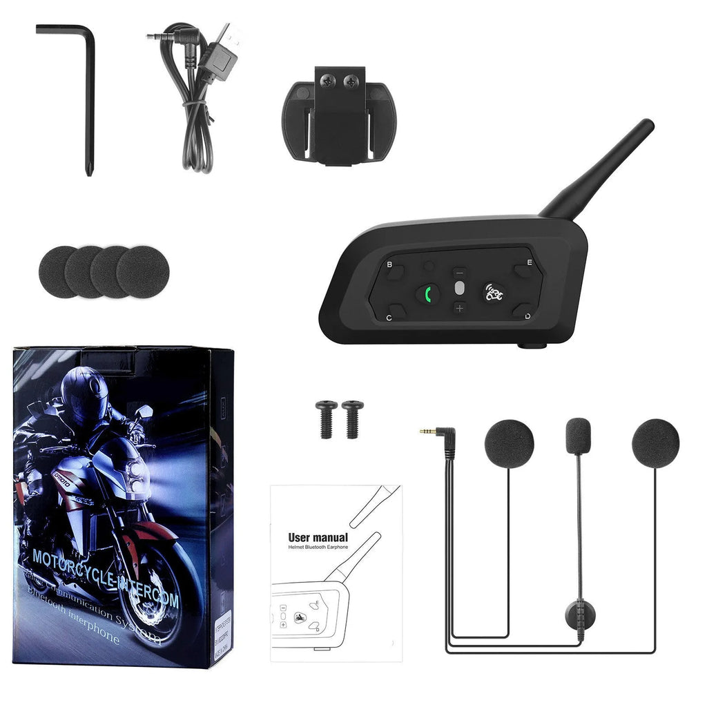 V6 Pro motorcycle helmet Bluetooth intercom unit with mounting clip and headphones