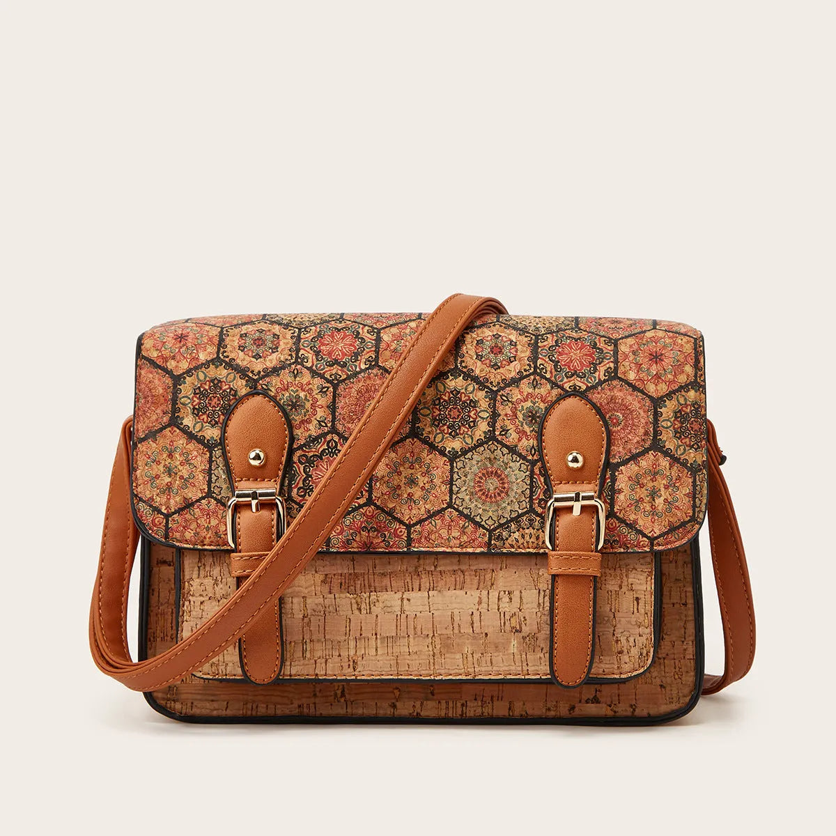 Women's printed PU crossbody bag with single shoulder strap showing large capacity design