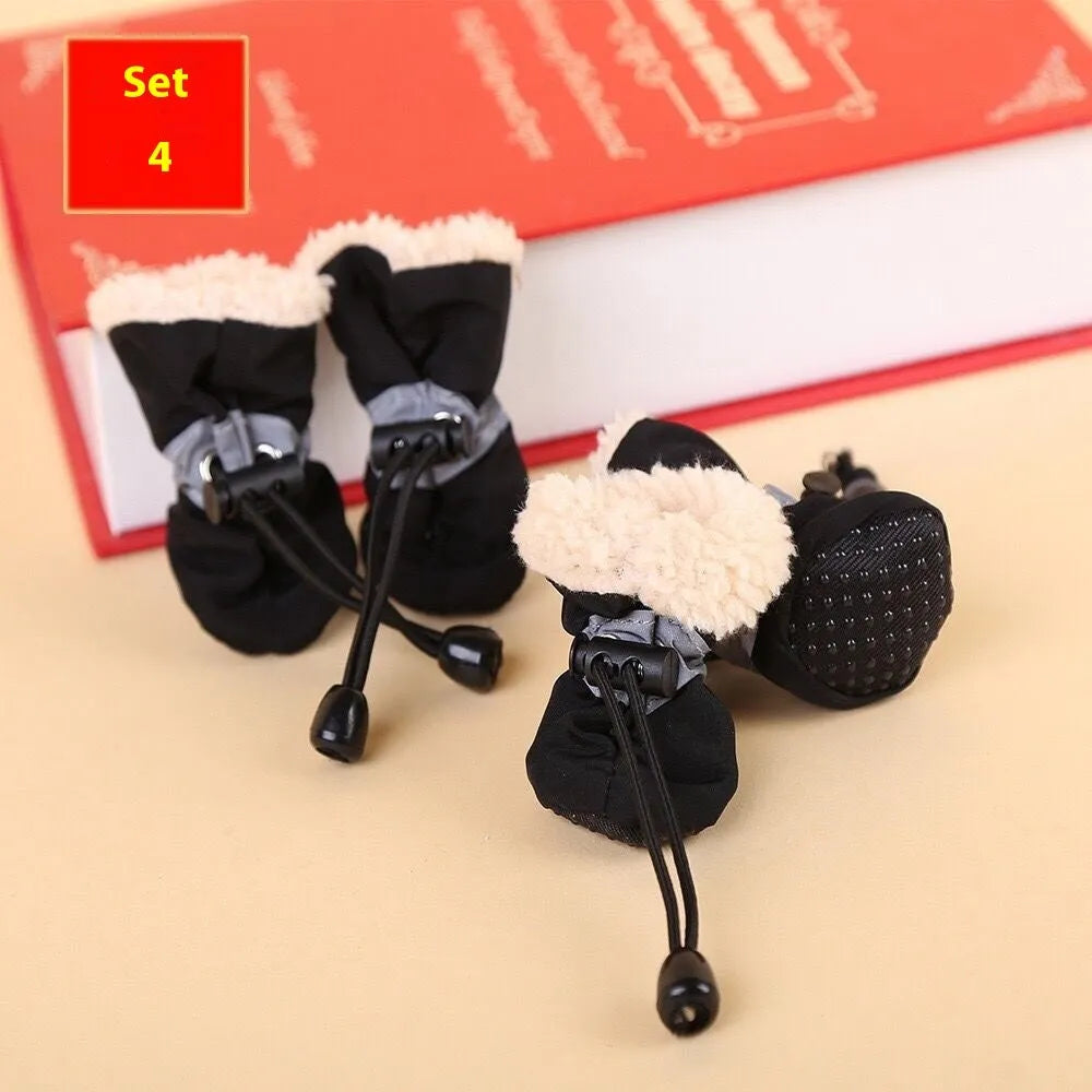 Set of four dog shoes in cloth material with soft soles, shown in multiple colour options including fleece-lined variants