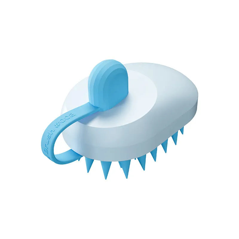 Soft silicone pet hair remover and massage brush for dogs in blue colour with ABS handle.