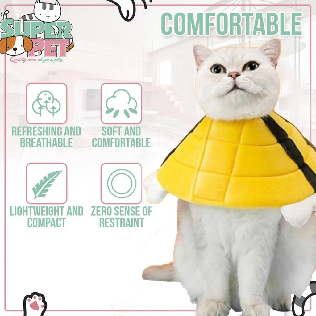 Soft white cat cone collar with black bee design and yellow wings, showing Velcro closure strap.