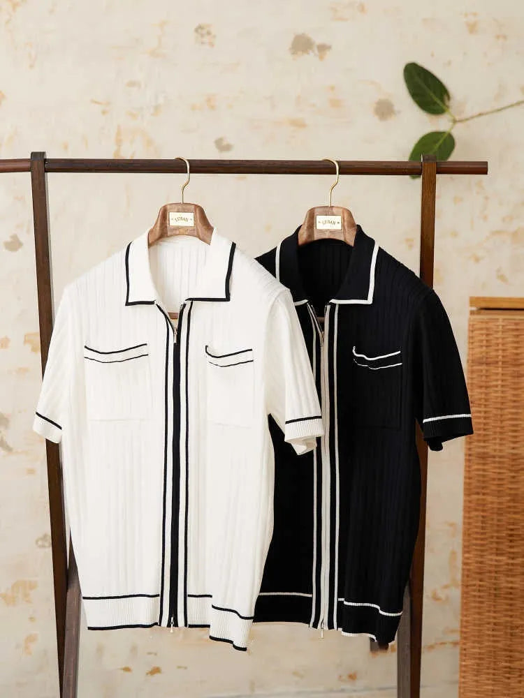 Men's slim-fit black lapel polo shirt with short sleeves made from elastic viscose blend knit fabric.
